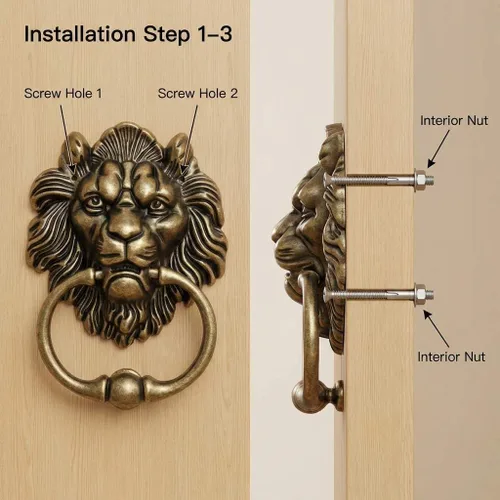 Miniatura 3 de QWORK Aldaba de puerta de bronce con cabeza de león antiguo, diseño clásico vintage
