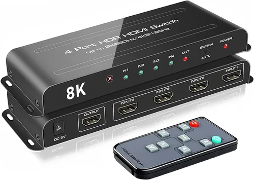 ROOFULL Interruptor HDMI 2.1 de 8K con 4 puertos 4 en 1 salida 8K@60Hz 4K@120Hz Selector de interruptor HDMI con control remoto Soporte 48Gbps HDR