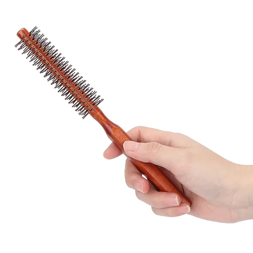 Miniatura 9 de Cepillo de pelo redondo para secado con nailon suave, cepillo de pelo redondo rizado en caliente con mango de madera, unisex para secado con soplado