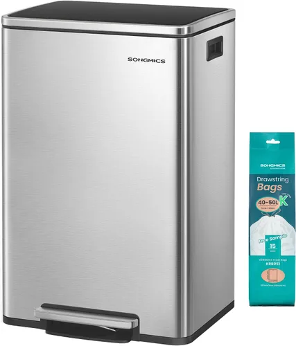 Miniatura 10 de SONGMICS Bote de basura automático con sensor de movimiento, 13 galones (50 L) con tapa de cierre suave, acero inoxidable, onda o táctil para abrir