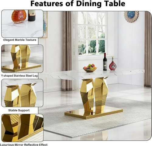 Miniatura 5 de Juego de 5 mesas de comedor de mármol sintético, juego de mesa de cocina y comedor para 4, mesa de comedor rectangular blanca de 70 pulgadas
