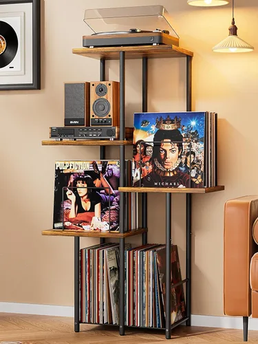 Soporte para Tocadiscos, Soporte de Almacenamiento de Discos de Vinilo con Estante de Exhibición, Mesa de Soporte para Tocadiscos con Divisores