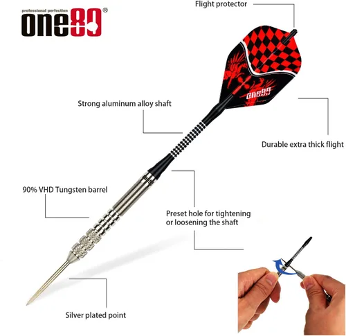 Miniatura 2 de ONE80 - Dardo de punta de acero profesional de tungsteno 90% VHD, estilo barril con vuelos extra, ejes y sacapuntas, caja de regalo con empaque