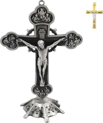 Miniatura 10 de rnuie Cruz de mesa de altar de Jesús, decoración de pared de crucifijo religioso con soporte, adorno cristiano de metal montado en la pared
