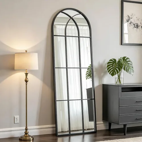 Miniatura 15 de Rowjut Espejo de pared en forma de arco de 30 x 20 pulgadas, espejo decorativo de pared y baño con marco de hierro, espejos de pared superior