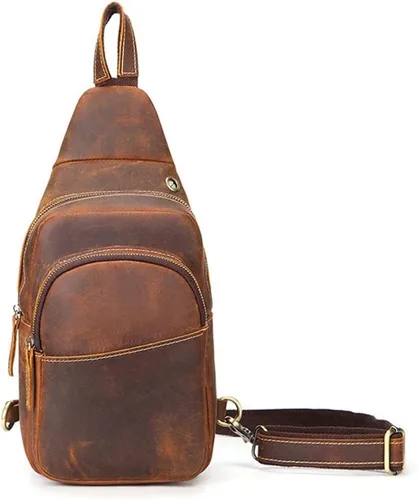 Miniatura 2 de Ztimi Bolso de pecho de cuero retro para hombre, bolso de mensajero de moda, mochila de cuero para hombre (color A Tamaño 11.8 x 4.7 x 7.1in)