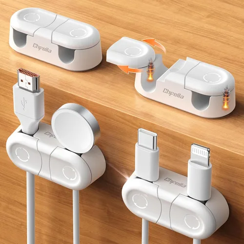 Miniatura 10 de Clips Magnéticos para Cables - Chfeila Paquete de 4 [Doble Ranura] [Rotación 360° y Bloqueo por Torsión] Gestión de Cables, Soporte Adhesivo