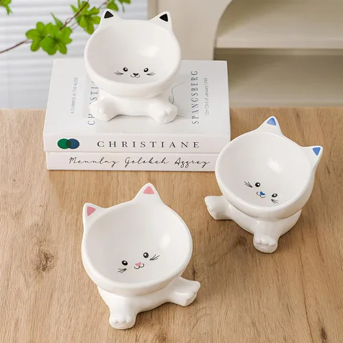 Miniatura 6 de Cuencos elevados para gatos, cuenco de comida para gatos elevado 3D de cerámica de 4.9 pulgadas para fatiga de bigotes, cuenco inclinado para gatito