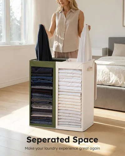 Miniatura 3 de SOLEDI Cesta de lavandería grande doble con tapa, cesta de ropa plegable de 2 secciones con bolsas extraíbles, cesta de lavandería que ahorra