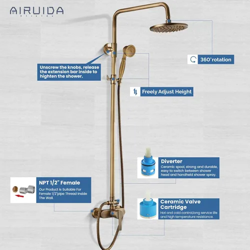 Miniatura 8 de Airuida Sistema de ducha expuesto, cabezal de ducha de lluvia de 8 pulgadas con rociador de mano, juego de grifo de ducha de montaje en pared de una