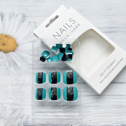 Miniatura 6 de Uñas cortas a presión, uñas postizas de acrílico brillante con forma cuadrada con diseño de purpurina plateada, cobertura completa, uñas postizas