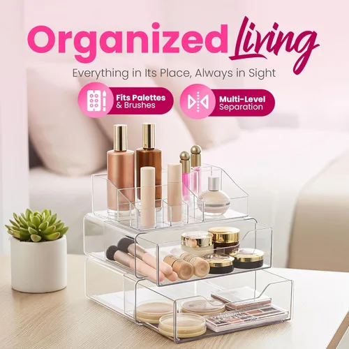 Miniatura 4 de Masirs Organizador de maquillaje acrílico transparente con cajones, almacenamiento de tocador cosmético para cuidado de la piel, accesorios