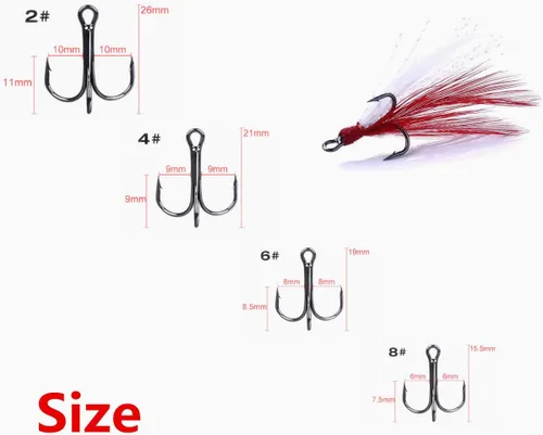 Miniatura 3 de Fishing Treble Hooks Feather Dressed: 20pcs/Box Feathered Treble Hook Size 2 4 6 8 with Split Rings Replacement for Fishing Lure Spinner Spoon