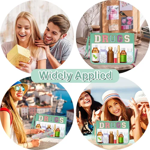 Miniatura 7 de Iqimott Bolsa de parche de felpilla con letras MEDS transparente, bolsa de maquillaje portátil de preparación para mujeres y niñas, viajes, bolsa