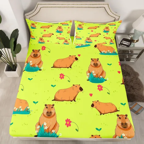 Miniatura 2 de Capybara - Juego de sábanas de regalo tamaño individual, juego de sábanas de decoración de animales kawaii Capybara para decoración de habitación