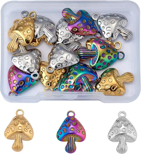 15 piezas de dije de hongo de acero inoxidable 304 con dije de seta de metal, color mixto para joyas, collares, aretes, manualidades, 15 piezas