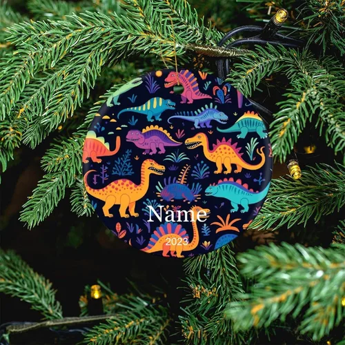 Miniatura 5 de Adorno colorido con patrón de dinosaurio de 3 pulgadas, adorno de Navidad de cerámica de 3 pulgadas, bonito adorno de Navidad de dibujos animados