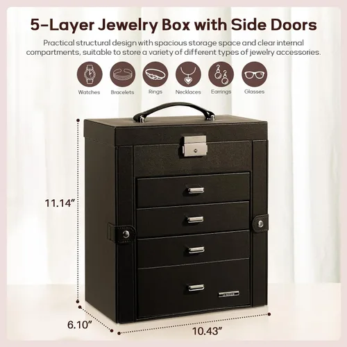 Miniatura 2 de Homde Caja de joyería enorme de cuero sintético Organizador de reloj con espejo Collar Anillo Pendiente Almacenamiento Caja de regalo con cerradura