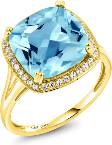 Miniatura 2 de Gem Stone King Anillo de oro amarillo de 10 quilates con topacio azul suizo y zafiro blanco creado para mujer