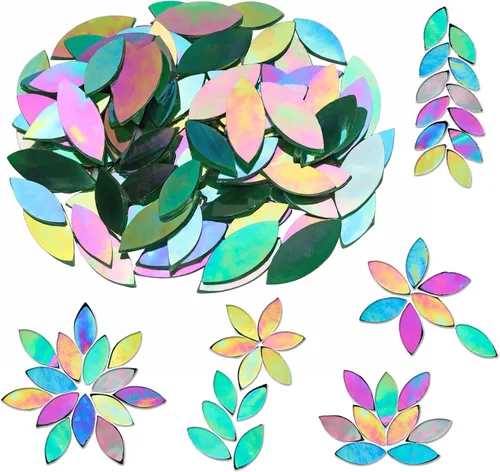 Yoption 100 azulejos de mosaico de pétalos de vidrio iridiscente, cortados a mano, hojas de flores verdes cortadas a mano, azulejos de mosaico para