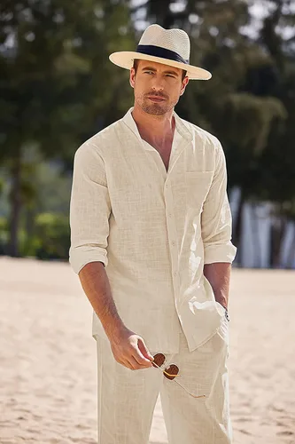 Miniatura 4 de COOFANDY Conjuntos de lino para hombre, 2 piezas, camisa de manga larga con botones y pantalones casuales de playa con cordón en la cintura, trajes