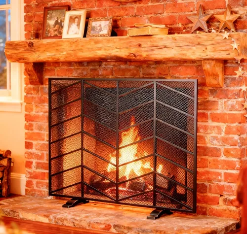 Miniatura 11 de Fire Beauty Panel único de chimenea de hierro forjado con malla de zigzag, protector contra chispas de fuego para sala de estar, decoración