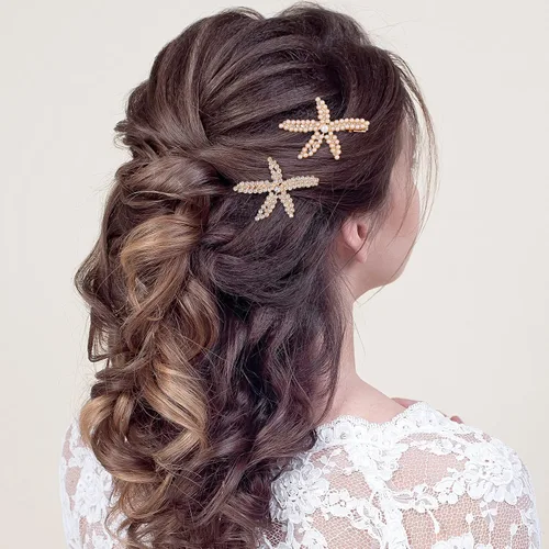 Miniatura 6 de PAGOW 3 pinzas para el cabello con estrellas de mar, pinzas de cristal con perlas de diamantes de imitación doradas, soporte para cola de caballo