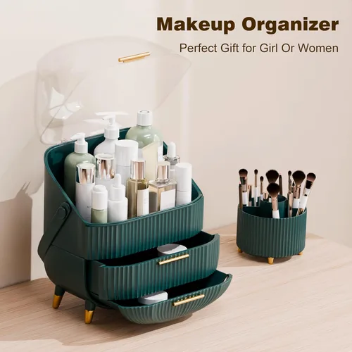 Miniatura 2 de lurcns Organizador de maquillaje y almacenamiento para cosméticos, cuidado de la piel con tapa y cajones, vitrinas para encimera, baño, regalos