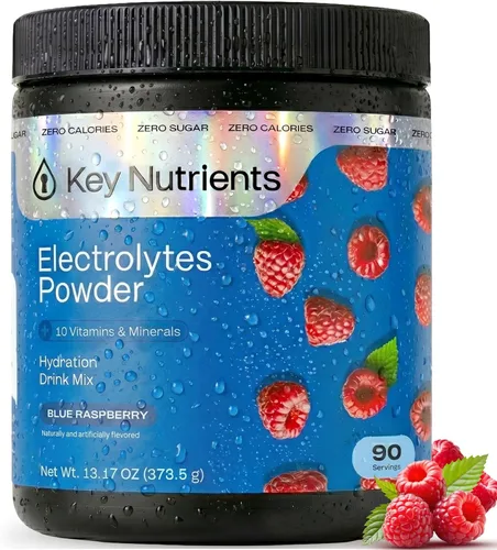 KEY NUTRIENTS Electrolitos multivitamínicos en polvo sin azúcar - Polvo de electrolito de frambuesa azul dulce - Suplemento de resistencia y energía