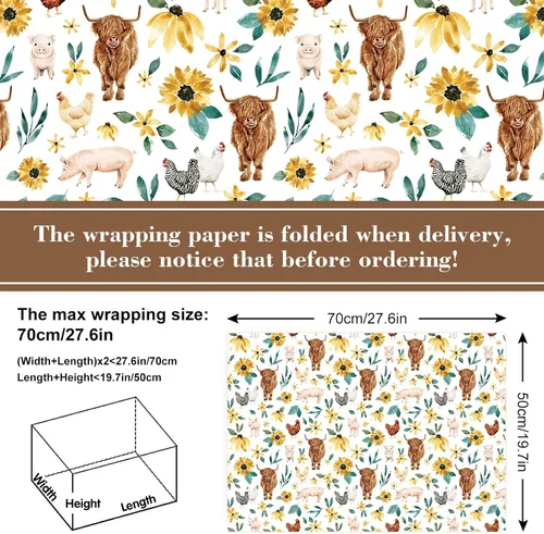 Miniatura 2 de JarThenaAMCS 6 hojas de papel de regalo de girasol de vaca de las montañas, no enrollable, papel de envoltura de regalo, hoja de arte decorativa