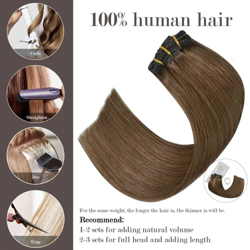 Miniatura 2 de Honsoo Extensiones de cabello humano real de color marrón con pinzas, marrón castaño, 15 pulgadas, 70 g, 7 unidades, cabello lacio sedoso y marrón