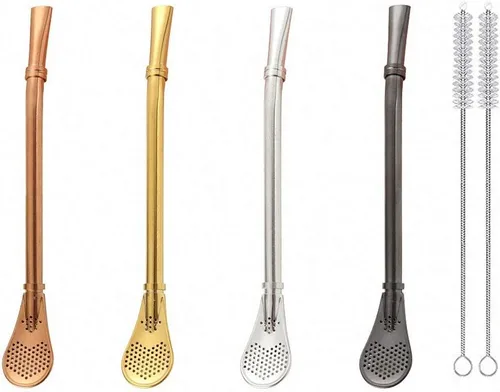 Miniatura 18 de 7 popotes de metal para beber con 2 cepillos de limpieza de 8.5 pulgadas, cuchara de barra reutilizable para café helado, bebida congelada, batidos