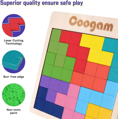 Miniatura 8 de Coogam Rompecabezas de madera con patrón de bloques de cerebro juego con 60 desafíos, juguete de construcción ruso 3D de madera en forma de tangram