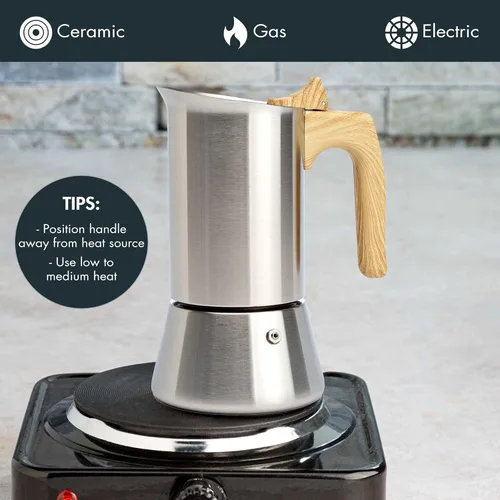 Miniatura 5 de Primula Cafetera y cafetera de acero inoxidable de alta calidad, olla moka para café clásico italiano, 6 tazas, mango de aspecto de madera