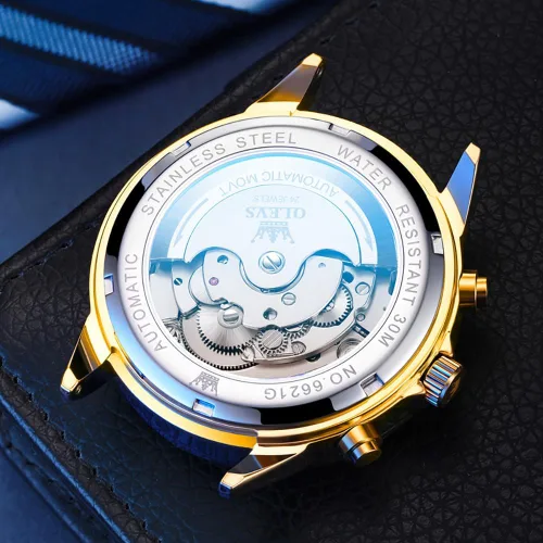 Miniatura 17 de OLEVS Reloj de pulsera automático con diseño de esqueleto para hombre, de lujo, con diamantes de lujo, de acero inoxidable, calendario, reloj