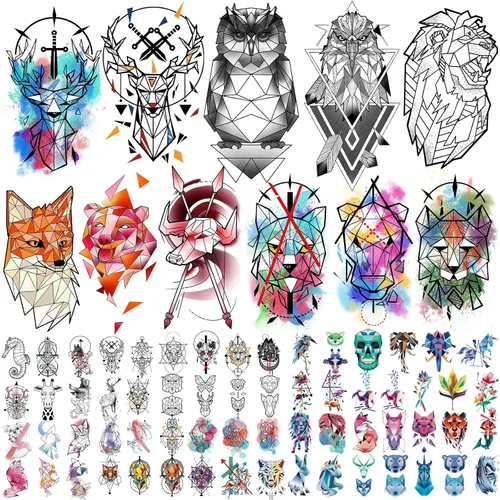 77 hojas de tatuajes temporales geométricos de animales, 17 hojas de medio brazo 3D de leones, zorro, lobo, búho, tigre, tatuajes falsos para