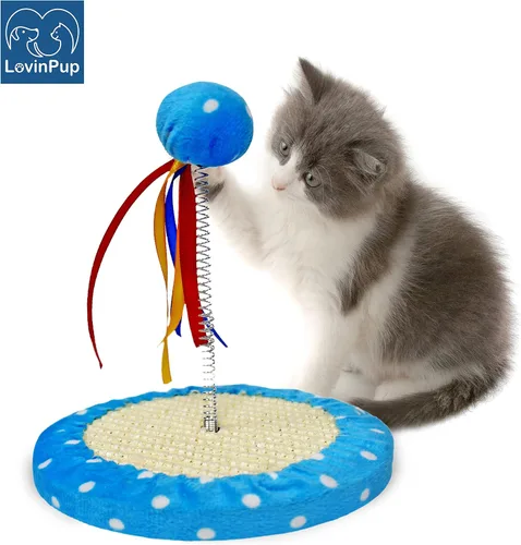 Miniatura 2 de Pequeño árbol de juguete rascador para gatos con pelota – Juguetes para gatos rascadores de interior con cintas coloridas + base duradera – Juguetes