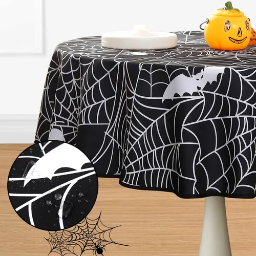 Miniatura 13 de MikiUp Mantel redondo de Halloween, mantel decorativo de tela de araña, impermeable y lavable, para fiestas, cocina, comedor, interiores