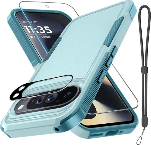 Miniatura 42 de Funda para Google Pixel 10 Pro XL con correa para la muñeca + protector de pantalla de vidrio templado + cubierta para lente de cámara, cuerpo Verde