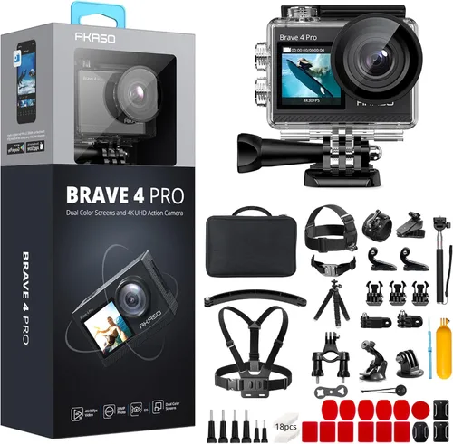 AKASO Cámara de acción Brave 4 Pro con kit de accesorios 60 en 1