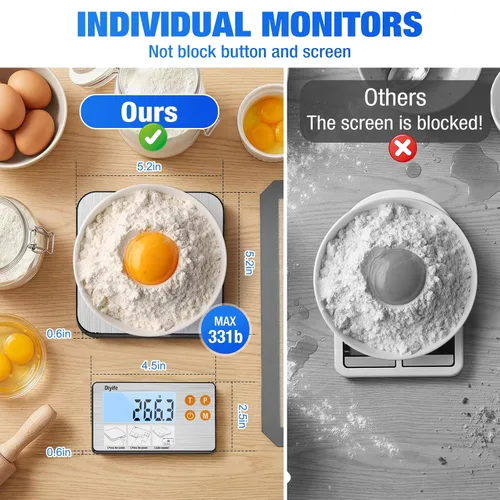 Miniatura 2 de Diyife - Báscula de alimentos dividida recargable, 33 libras con pantalla dividida, 1 g/0.1 oz de alta precisión, acero inoxidable 304 de grado