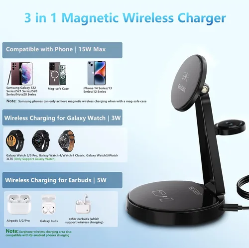 Miniatura 2 de Cargador inalámbrico para Samsung Estación de carga 3 en 1 para Samsung Galaxy S25/S24/S23/S22 y Watch 7/6/5/Buds Cargador MagSafe para iPhone
