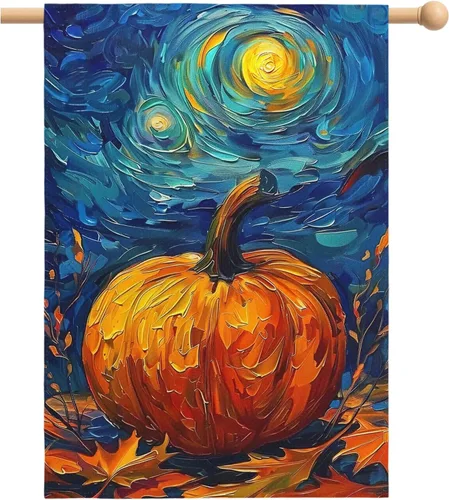 Miniatura 48 de Bandera de jardín de Halloween, bandera de jardín de calabaza Van Gogh, banderas de jardín, artes, cielo nocturno estrellado, luna, bandera