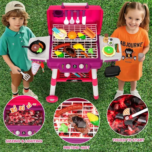 Miniatura 5 de Juguetes de Cocina para Niños, Set de Parrilla BBQ para Jugar con Sonido de Humo y Luz, Juguete de Barbacoa de 2 Capas con Ruedas, Set de Juguetes