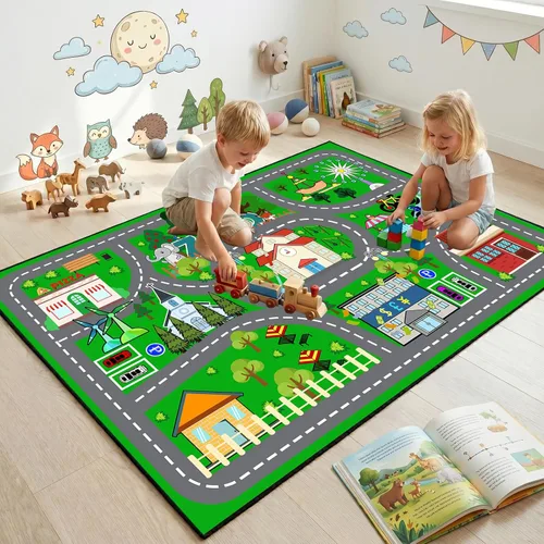 Miniatura 19 de Alfombra de carretera para habitación de niños, alfombra de juego azul para pista de carreras, alfombra de coche para dormitorio, sala
