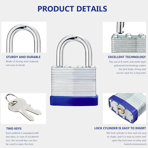 Miniatura 5 de Lock Candados para exteriores, candado laminado con llave, cuerpo ancho de 1-9/16 pulgadas, juego de candados con llaves (paquete de 12)