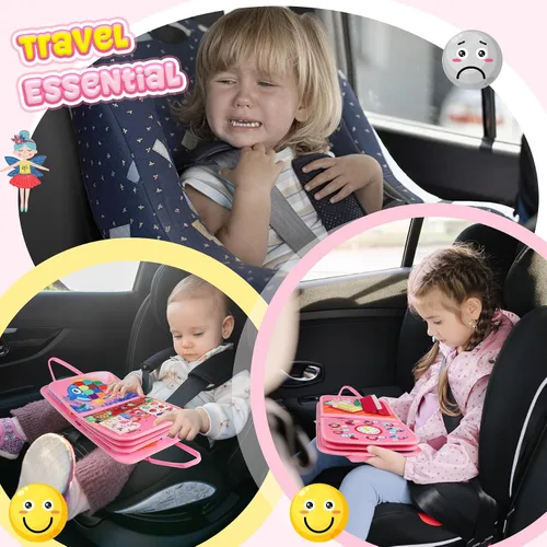 Miniatura 4 de URMYWO Tablero de actividades Montessori para niños de 1, 2, 3, 4 años, libro ocupado para actividades para niños con habilidades motoras finas, Rosa