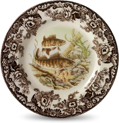 Spode Woodland - Plato de ensalada de porcelana fina, diseño de lucioperca con borde floral marrón, vajilla clásica de campo inglés para cenas
