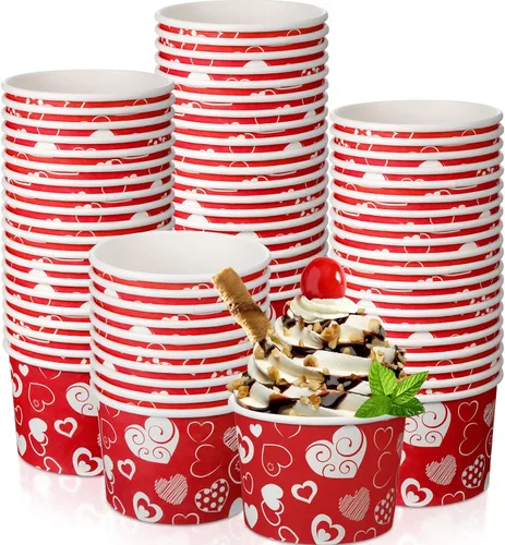 Miniatura 8 de Shellwei 100 cuencos de papel de helado para el día de San Valentín de 9 onzas a granel, tazas de aperitivos con corazón rojo, tazones de postre