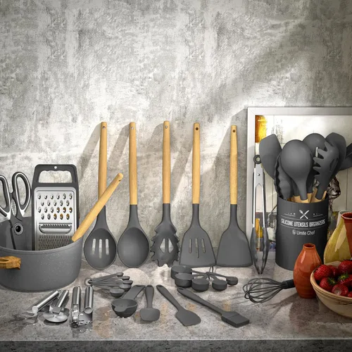 Miniatura 2 de Umite Chef Juego de Utensilios de Cocina de Silicona, 34 Piezas Gadgets y Herramientas de Cocina Resistentes al Calor con Rallador, Mangos de Madera